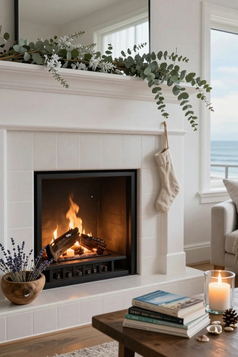 White fireplace mantel with draped eucalyptus and white flower garland, hanging knit stocking, burning fire inside, wooden bowl of lavender on hearth, candle and stacked books on wooden side table, ocean visible through window.