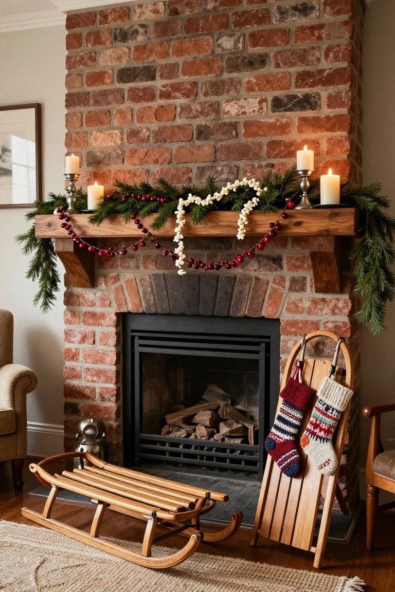 Wooden mantel over a brick fireplace decorated with pine garlands, red berry strands, white flower chains, and candles, flanked by colorful knit stockings and wooden sleds on a rug in a living room.