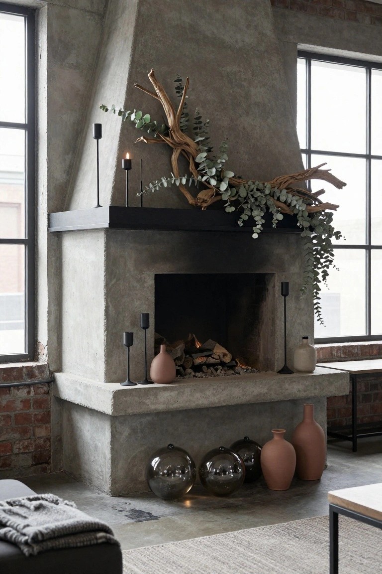 Concrete fireplace in an industrial room with eucalyptus garlands and driftwood branches on the mantle, black candlesticks holding lit candles, terracotta and glass vases on the hearth, and glossy black spheres nearby.