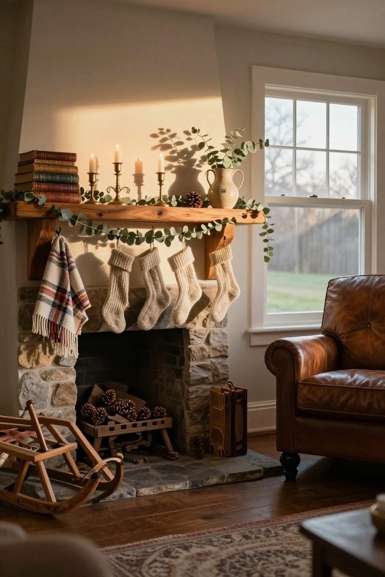 Wooden mantel above a stone fireplace decorated with eucalyptus garland, white knit stockings, brass candlesticks, stacked books, a terracotta vase with greenery, and pinecones in the firebox, with a leather armchair and rocking horse in a cozy living room.