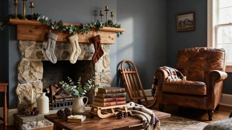 Wooden mantel above a stone fireplace decorated with eucalyptus garland, white knit stockings, brass candlesticks, stacked books, a terracotta vase with greenery, and pinecones in the firebox, with a leather armchair and rocking horse in a cozy living room.