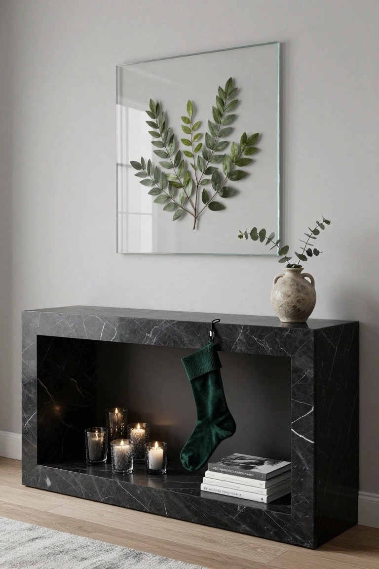 Black marble console table with open niche holding lit glass candles, green Christmas stocking hung on the edge, stacked books and beige vase with eucalyptus on top, and square glass frame of green leaves on light gray wall above, wood floor and beige rug below.