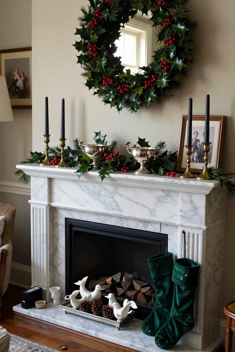 Marble fireplace mantel decorated for Christmas with holly and fir garland along the top, silver bowls holding berries, black candelabras, white bird figurines on a tray with pinecones, and two green velvet stockings hanging from the side.