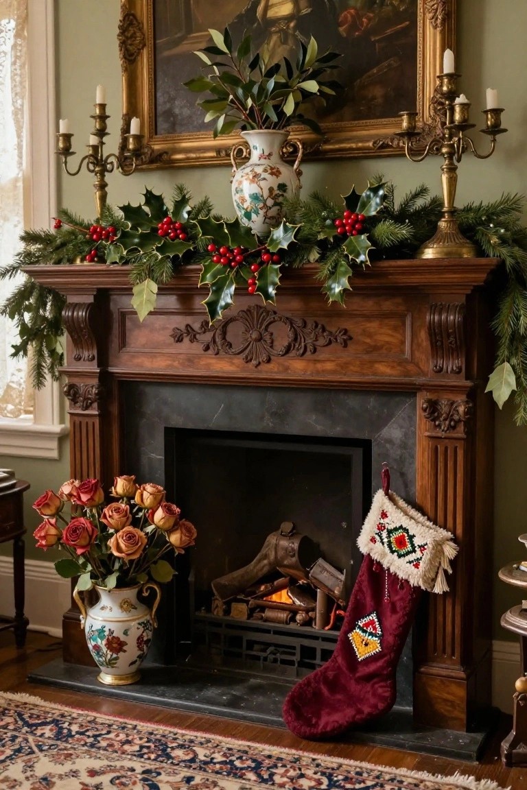 A traditional wood mantel decorated with holly garlands and red berries, flanked by candelabras and vases of roses, with a lit fireplace, embroidered stockings, and a painting above in a green-walled room.