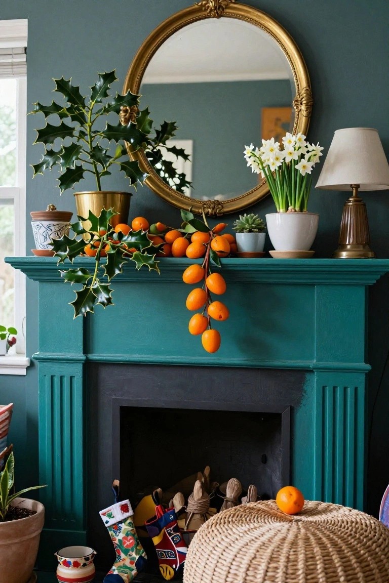 Teal fireplace mantel with holly branches draped over the edge holding clusters of small oranges, potted plants nearby, daffodils in a vase, and a large gold mirror above.