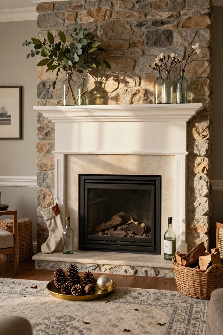 Stone fireplace mantel with eucalyptus branches in green glass bottles, white gardenias in smaller bottles, pinecones on a brass tray, Christmas stockings, wine bottles, and a basket of firewood on the hearth in a living room with wicker chairs and a patterned rug.