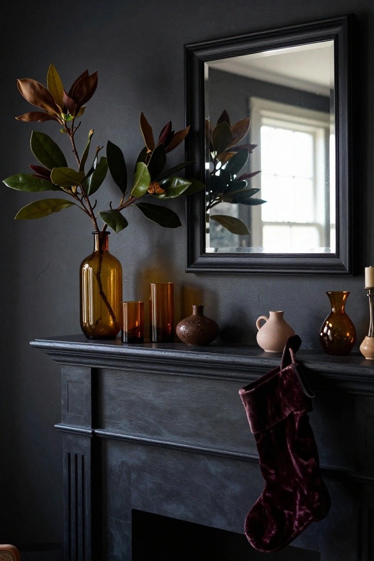 Dark painted fireplace mantel topped with tall amber glass bottle vase holding magnolia branches and leaves, small amber glasses and vases, terracotta pots, cream jug, candles, and maroon velvet Christmas stocking hanging from the edge, black-framed mirror mounted above.