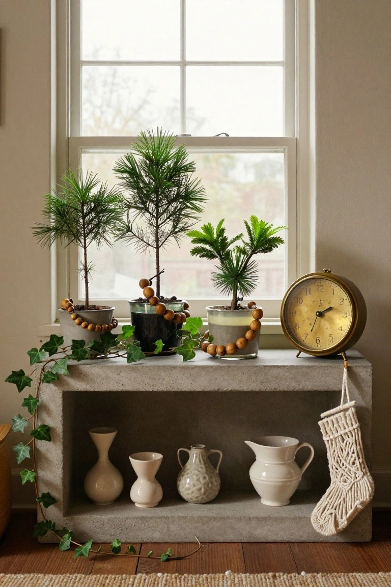 A concrete shelf below a window displays small potted pine trees and a fern wrapped in wooden bead garlands with trailing ivy, plus white ceramic vases, a gold clock, and a hanging crocheted stocking.