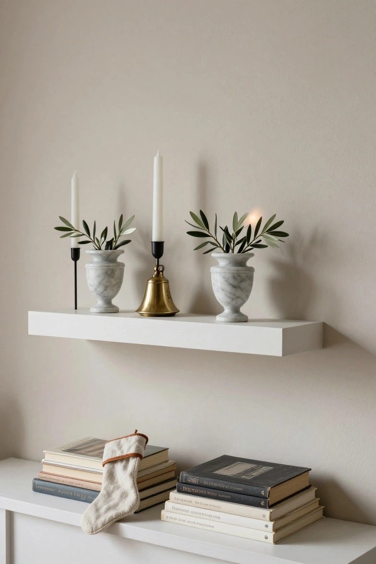 White floating shelf holding two marble urns with olive branches, white candles in black holders, a brass bell, against beige wall, with console table below stacked books and knit Christmas stocking.