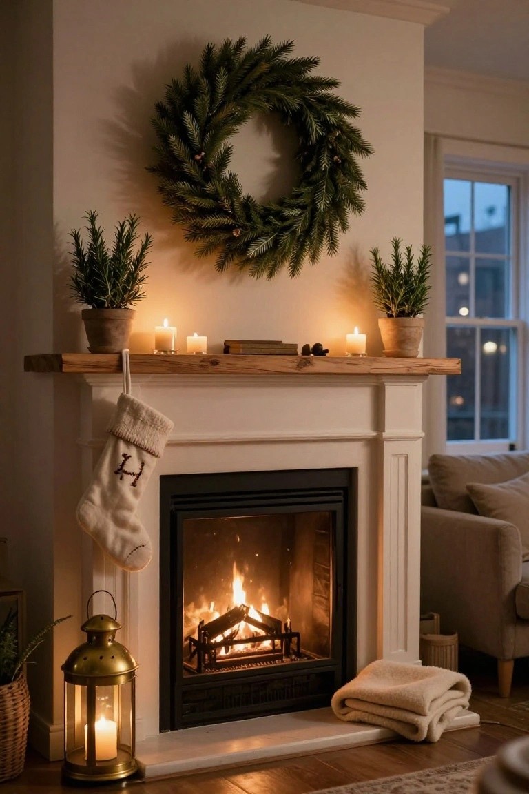 White fireplace with wood mantle holding potted rosemary plants at ends, candles, books, and nuts, evergreen wreath above, knit stocking hanging from side, fire burning inside, gold lantern and plants on floor nearby