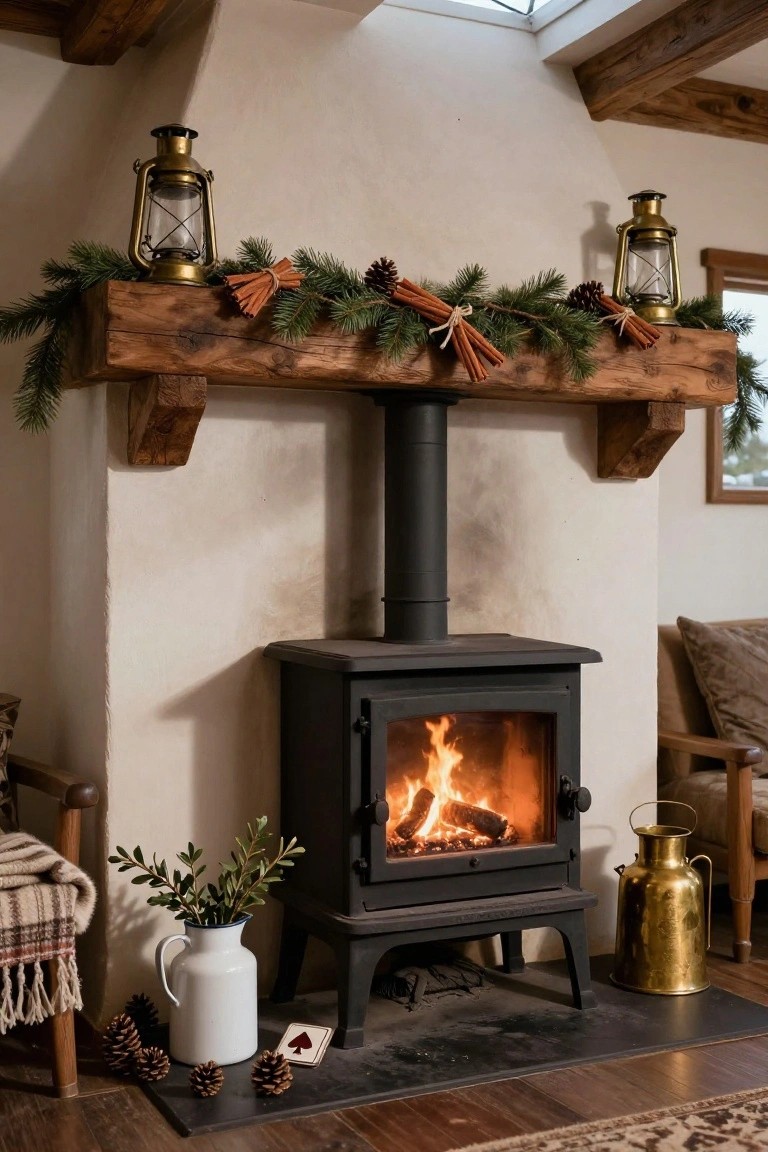 Cozy interior with a black wood-burning stove under a rustic wooden beam mantle decorated with pine garland, cinnamon stick bundles, brass lanterns, pinecones, a white jug of greenery, and gold milk jug nearby.