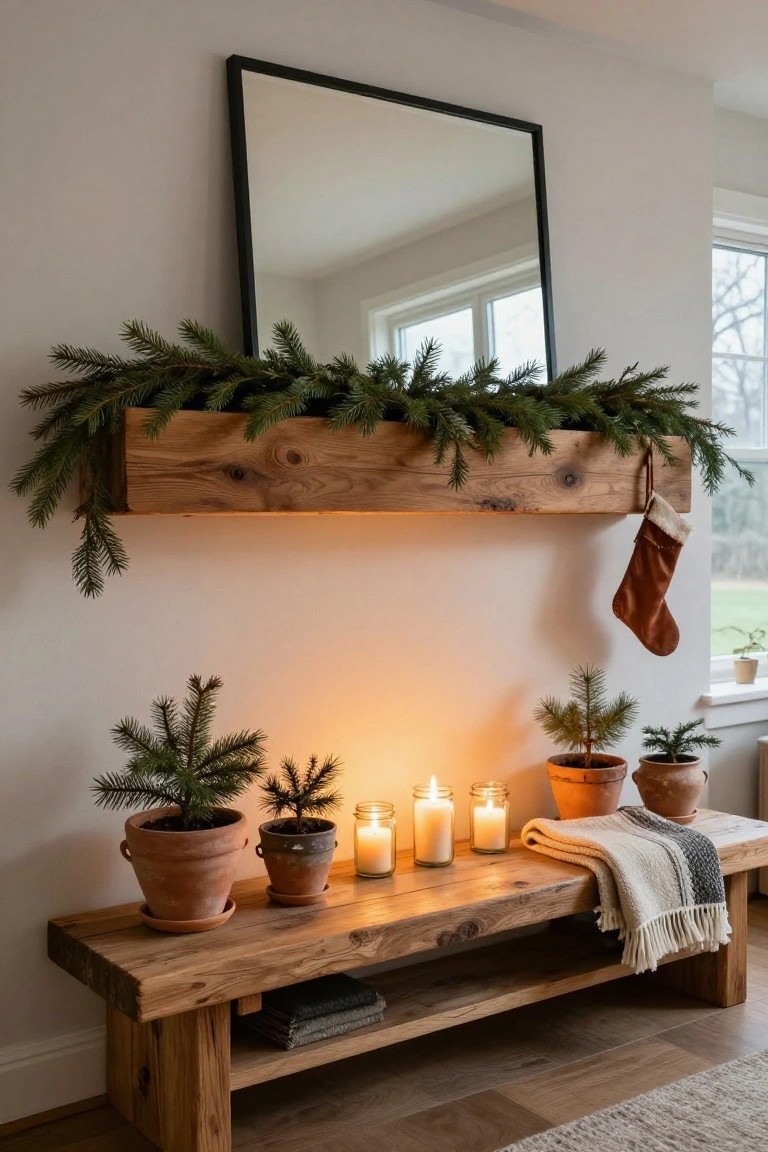 A wooden mantle shelf holds a rectangular trough filled with evergreen garland trailing over the edges, with a hanging stocking, small potted pine trees in terracotta pots, candles in glass jars on a wooden bench below, next to a black-framed mirror and window in a light-walled room.