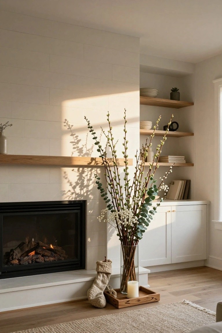 Modern living room fireplace with white shiplap surround and oak mantle holding a tall clear glass vase of pussy willow branches, eucalyptus leaves, and white flowers, plus a knitted Christmas stocking and wooden tray with white candle on the hearth next to white cabinets and floating shelves.
