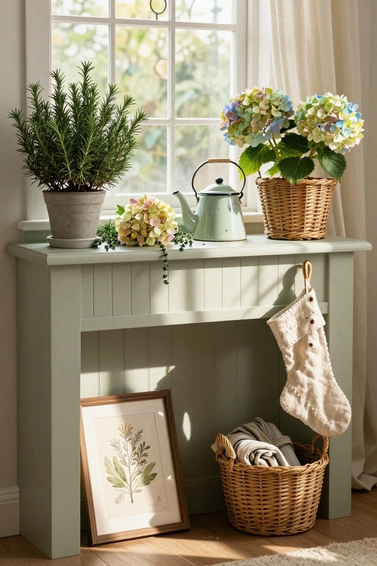 Light green painted console table under a multipaned window with potted rosemary plant, hydrangea bouquet in basket, green metal teapot, trailing ivy, framed botanical print, woven baskets holding linens, and cream Christmas stocking on wooden hook.