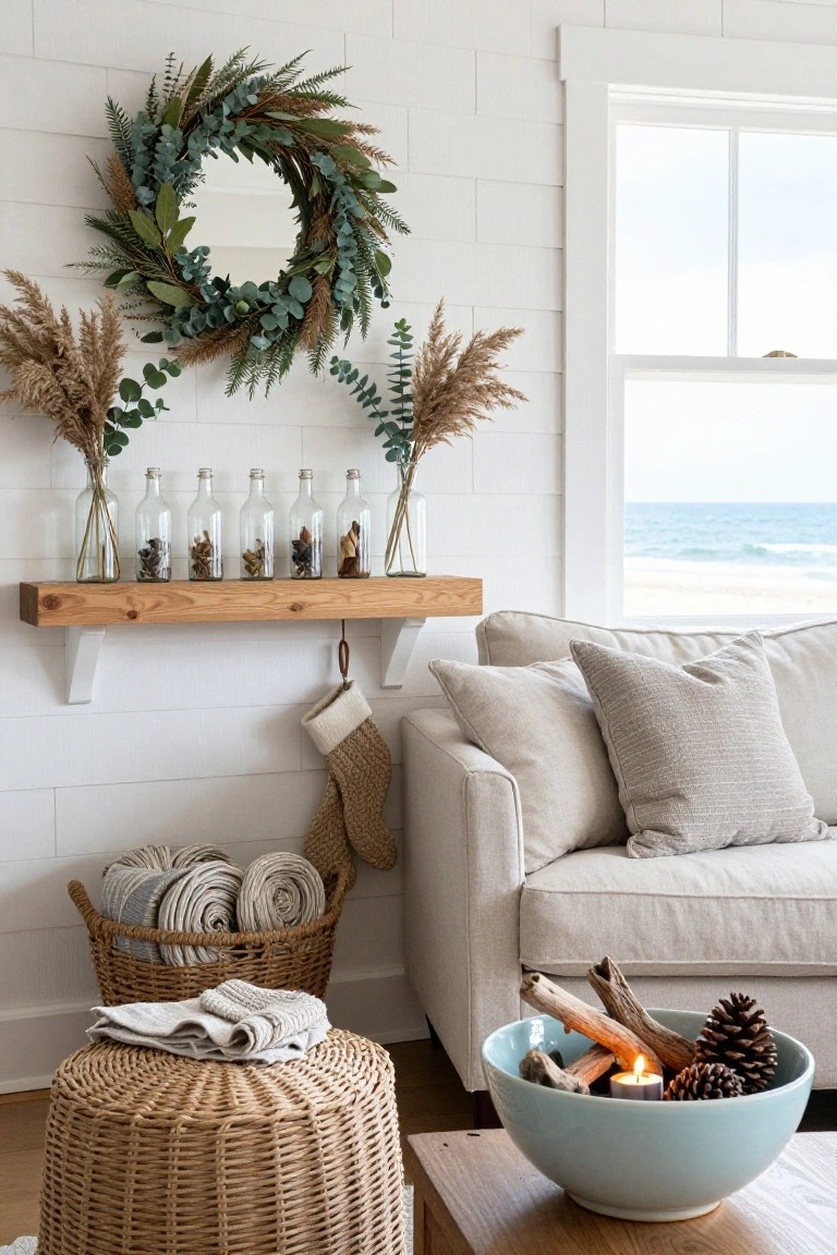 White shiplap wall in a living room with wooden floating shelf holding glass bottles filled with botanicals and dried stems of eucalyptus and pampas grass, large eucalyptus wreath with mirror center, linen sofa with pillows, wicker basket of towels, knit stocking, wicker stool, and turquoise bowl of driftwood pinecones and candle on wood coffee table beside window with ocean view.