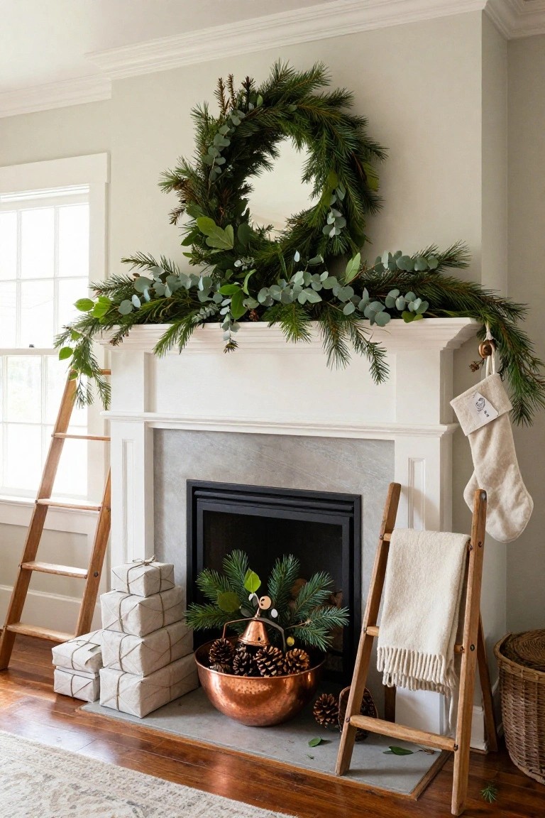 White fireplace mantel with evergreen garland, eucalyptus, and pine branches, flanked by wooden ladders holding stacked wrapped gifts, cream stockings, and a white blanket draped over one, copper bowl of pinecones on hearth.