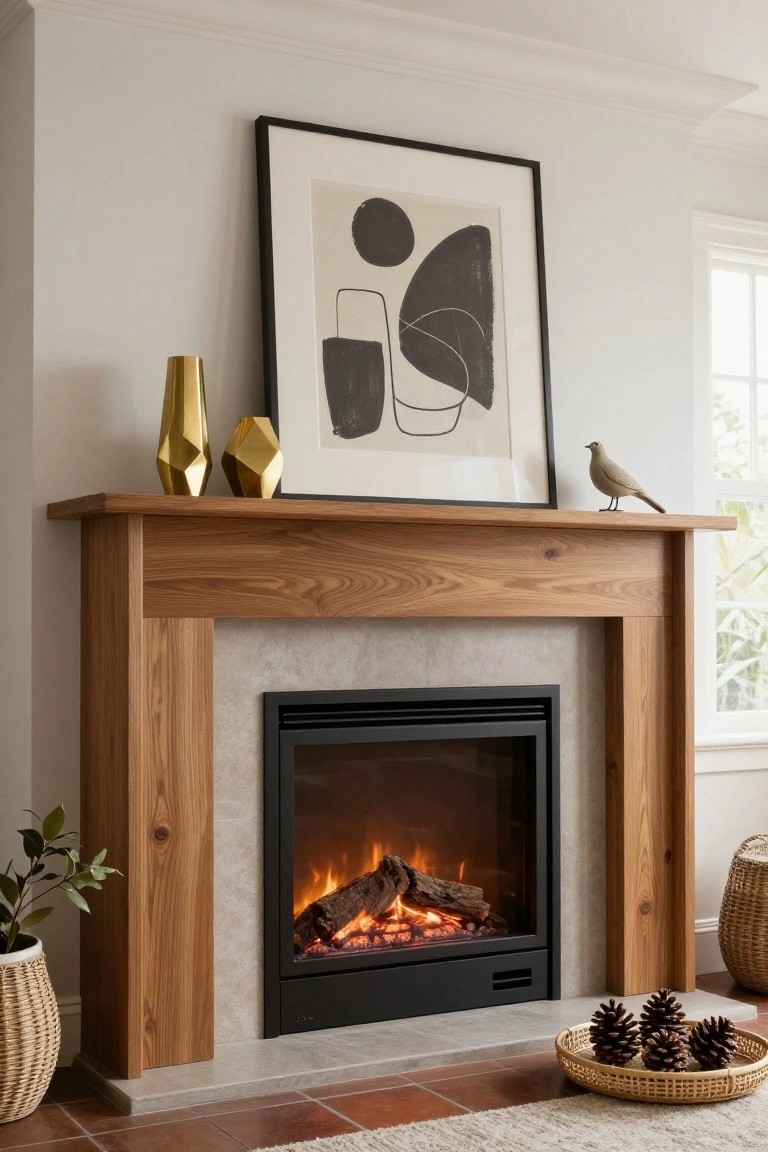 Wooden mantel over a lit electric fireplace with gold geometric vases, abstract black and white artwork, a small bird figurine, potted green plant, and a basket of pinecones on the hearth.