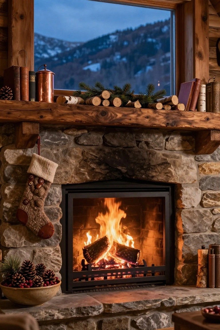 Rustic wooden mantel over a stone fireplace decorated for Christmas with pine branches, birch log slices, pinecones, books, copper containers, and knit stockings hanging from hooks, with a large window showing a twilight mountain view and a fire burning inside.