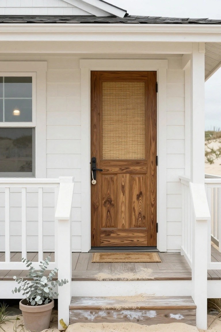 White clapboard house exterior featuring a brown wooden front door with rattan insert and black handle, on a porch with white railing, seagrass doormat, potted eucalyptus, and sandy steps near dunes.