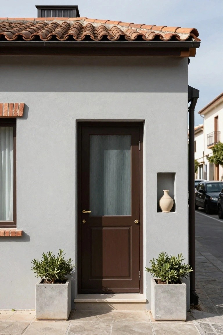 Light gray stucco house exterior featuring a dark brown wood front door with vertical frosted glass panels and brass knob, flanked by two white square planters containing spiky green shrubs, a beige ceramic vase in a wall niche to the right, terracotta tile roof, and a narrow sidewalk.