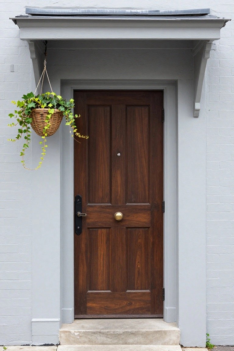 Dark brown four-panel wooden front door with brass knob and black escutcheon on light gray house exterior under porch overhang, with wicker hanging basket of ivy plant to the left.
