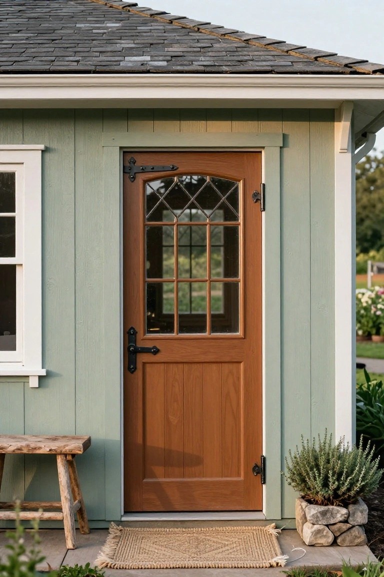 Sage green wooden shed exterior with a brown paneled front door featuring leaded glass windows, black iron hinges and handle, a wooden stool nearby, seagrass mat, and potted lavender in a stone planter.
