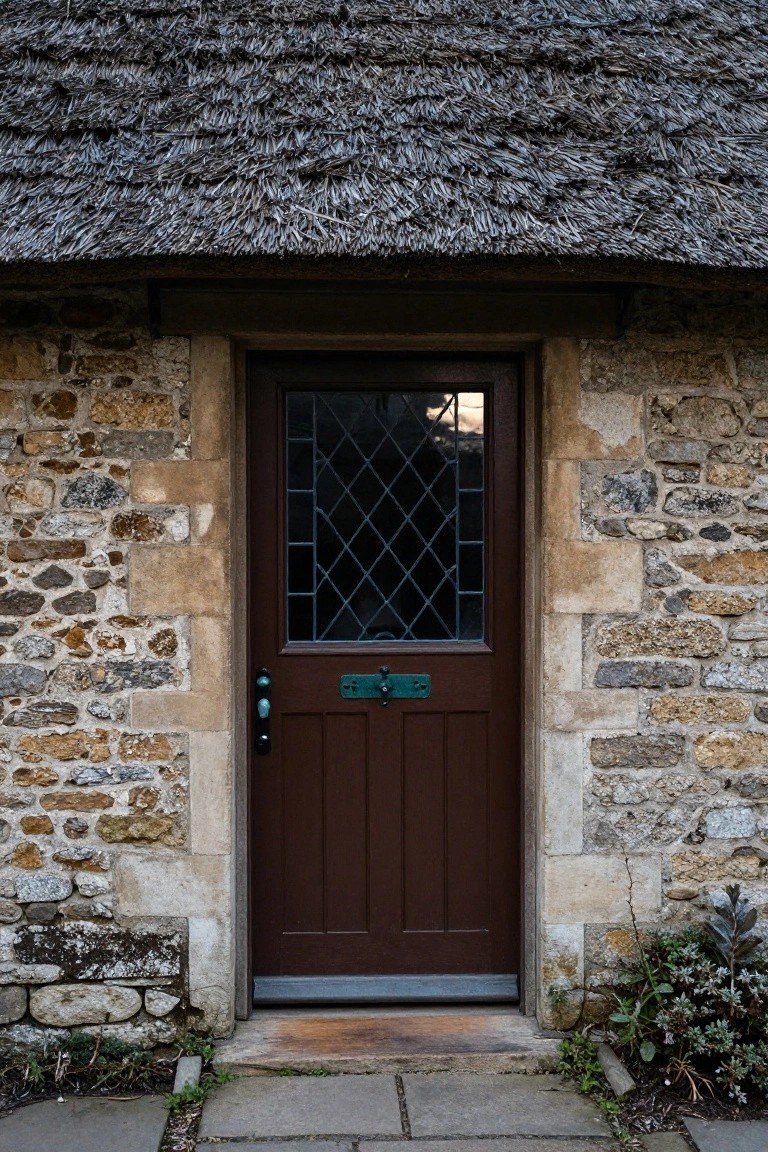 Dark brown wooden front door with diamond-patterned leaded glass window and brass knocker, framed by irregular stone walls of a thatched-roof cottage, with low plants at the base and stone path in front.