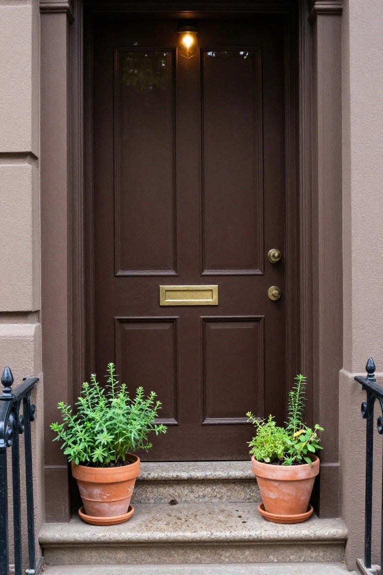 Dark brown paneled front door with brass mail slot and gold doorknob on beige stone brownstone facade, flanked by two terracotta pots of herbs on granite steps with black wrought iron railings.