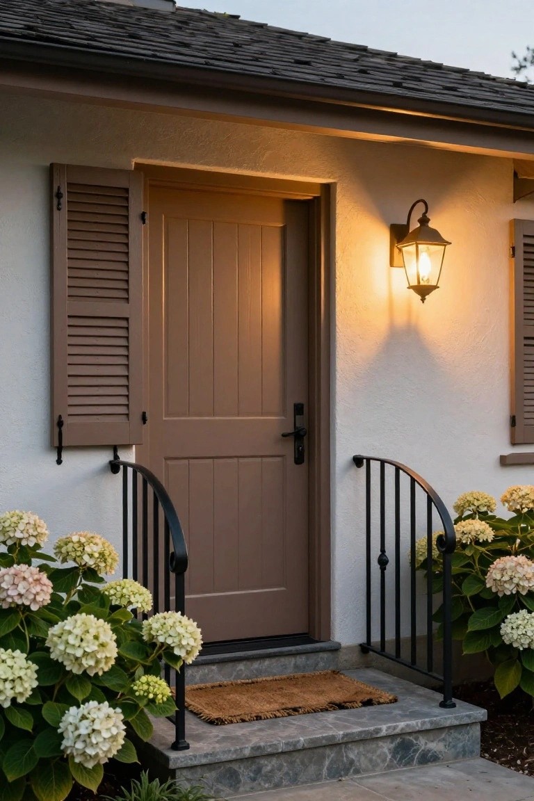 Beige stucco house exterior with a brown paneled front door, open shutters, wall-mounted lantern light, black iron railings, hydrangea bushes beside stone steps, and a seagrass doormat.