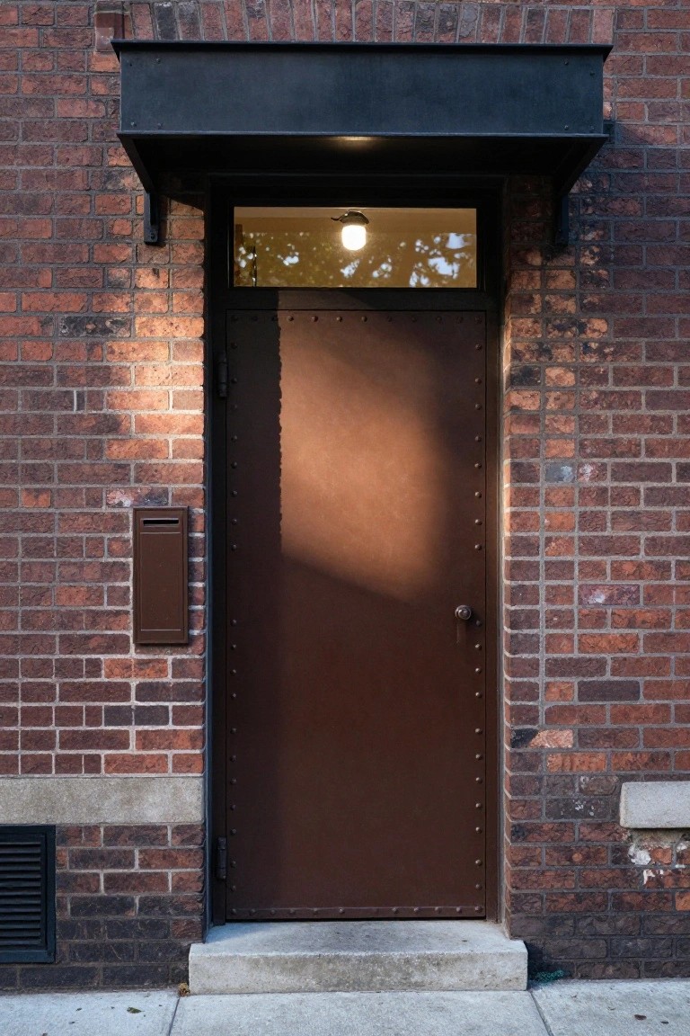 Brown riveted steel front door on a brick house exterior with a narrow transom window above lit by a bulb, a slim mail slot to the right, black metal awning overhead, and concrete steps at the base.