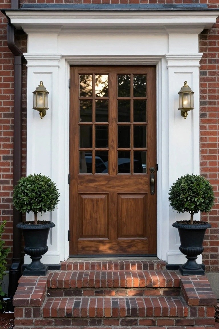 Wooden brown front door with nine glass panes centered in white-columned entryway on red brick house, flanked by lanterns and black urns with trimmed boxwood shrubs, brick steps below