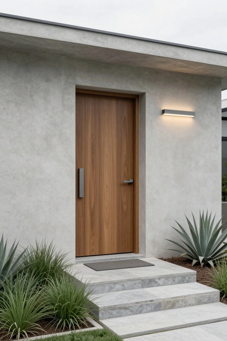 Gray concrete house exterior featuring a tall brown wooden front door with vertical handle, slim horizontal LED wall light above, stone steps leading to a doormat, and agave plants in landscaped beds.