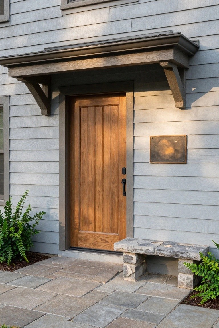Gray shingle-sided house exterior featuring a paneled brown wooden front door under a wooden porch overhang, with a bronze plaque beside the door, stone bench, plants, and paver stone pathway.