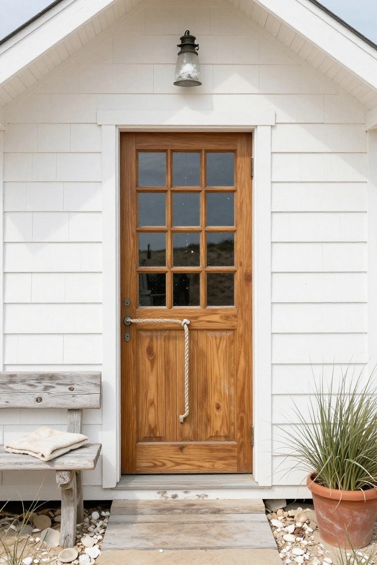White clapboard shed-style house exterior with brown wooden front door having nine-pane glass window and rope door handle, wooden bench with towel, potted grass plant, and gravel ground.