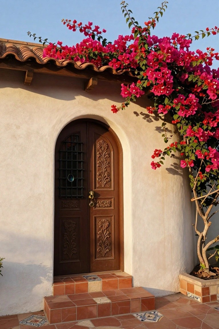 Arched brown wooden front door with intricate carvings and metal grille window set in white stucco wall, pink bougainvillea vines climbing over terracotta roof edge, terracotta steps with tile accents, and potted plant nearby.