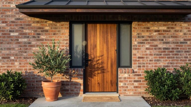 Front exterior view of a tall brown wood door with vertical grain panels inside a black metal frame and sidelight, black handle, brick walls, olive tree in terracotta pot, woven doormat, and concrete step.