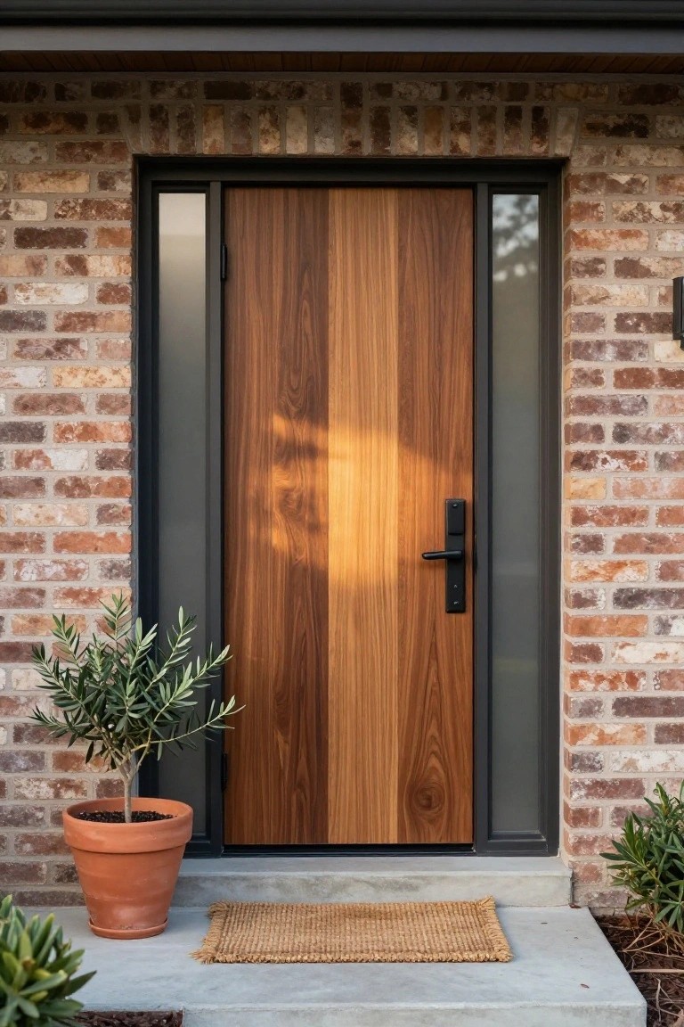 Front exterior view of a tall brown wood door with vertical grain panels inside a black metal frame and sidelight, black handle, brick walls, olive tree in terracotta pot, woven doormat, and concrete step.