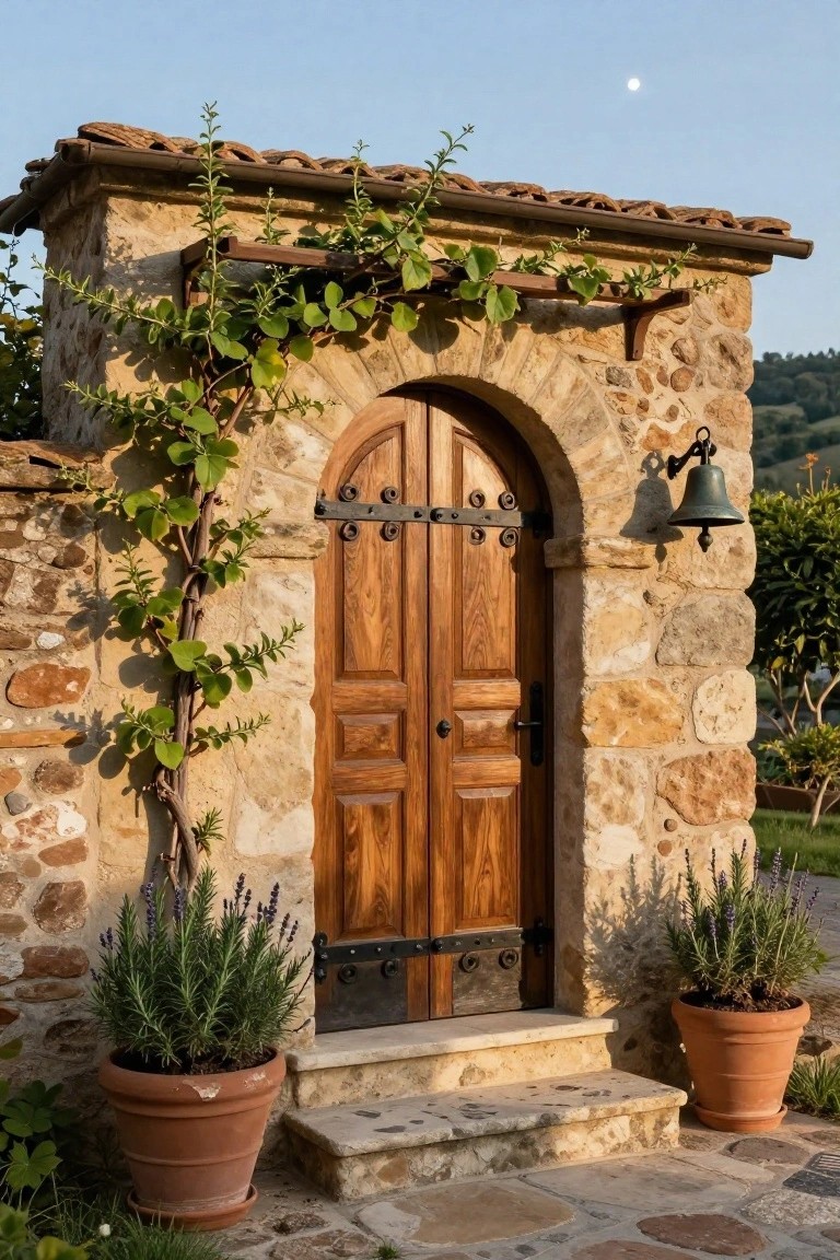 Arched stone doorway with dark brown wooden double doors, iron hinges and knocker, climbing vine on one side, potted lavender plants on steps, terracotta roof tiles above, and outdoor bell lantern.