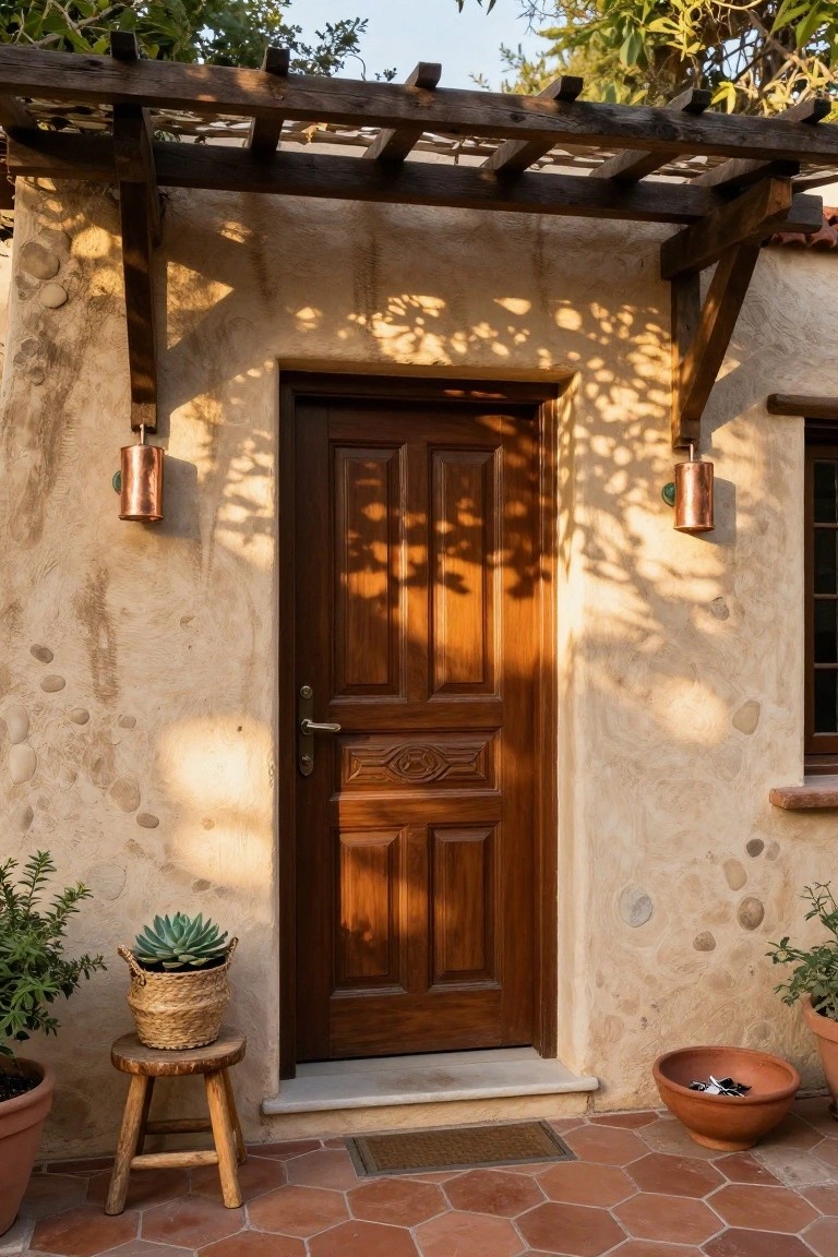 Close-up view of a dark brown paneled wooden front door with carved details on a beige stucco wall under a wooden pergola, with copper lanterns, potted plants, and terracotta tile flooring.