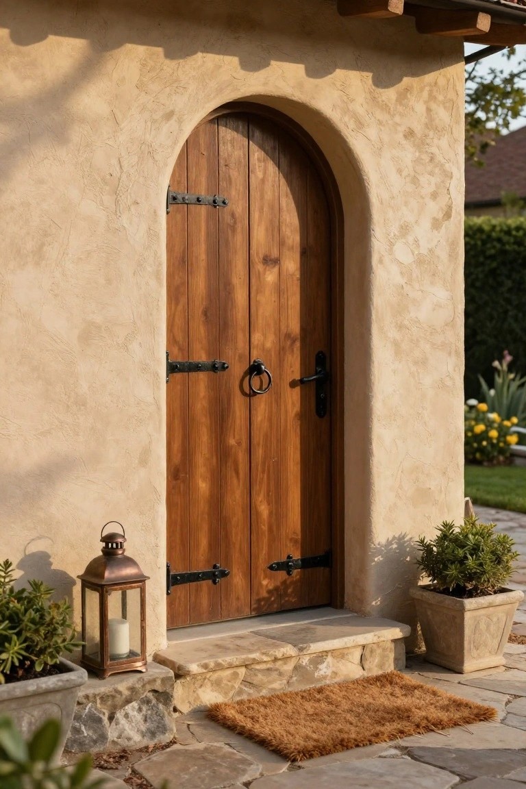 Wooden arched door with metal hardware, flanked by a lantern and potted plants.