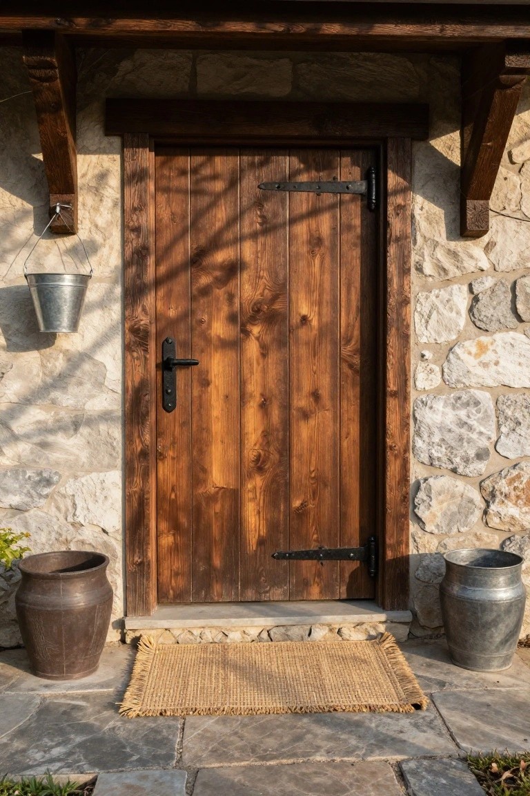 Dark brown wooden front door with black iron hinges and handle set in a stone wall exterior, with hanging bucket on one side, two ground-level buckets, and woven mat in front on stone pavers.