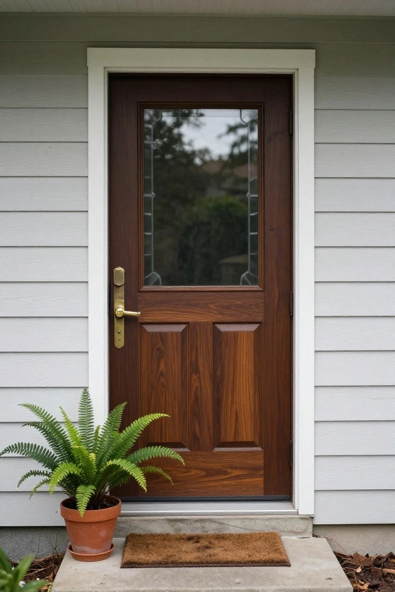 Brown wooden front door with glass insert and brass knob on a light gray sided house, with a potted fern plant and brown doormat on the concrete stoop.