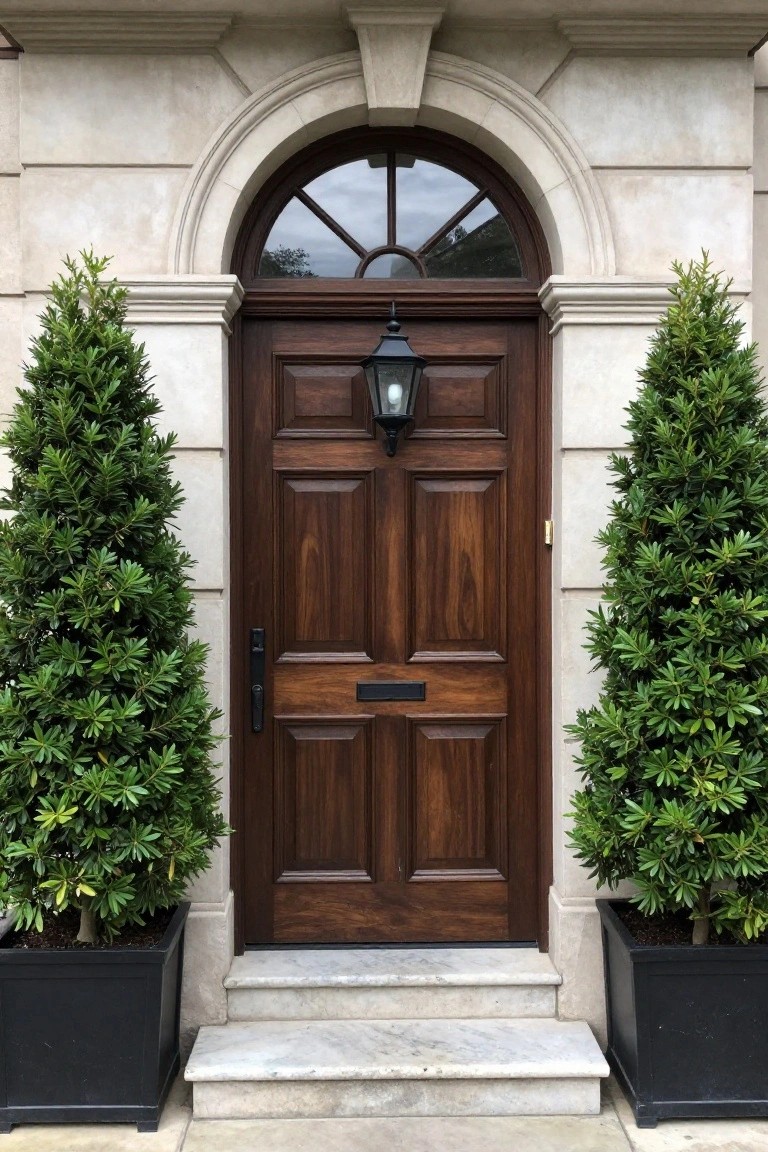 Brown wooden front door centered under an arched window on a light beige stone house facade, flanked by two tall potted evergreen shrubs in black containers, with a hanging lantern light above the door handle.