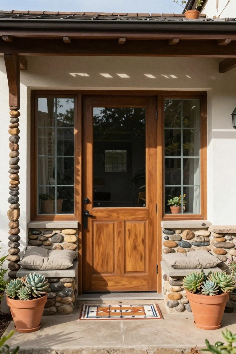 Brown wooden front door with glass sidelights and upper panels on a white stucco house exterior, flanked by stone benches with gray cushions and potted succulents, terracotta pots, and a patterned welcome mat on a concrete stoop.