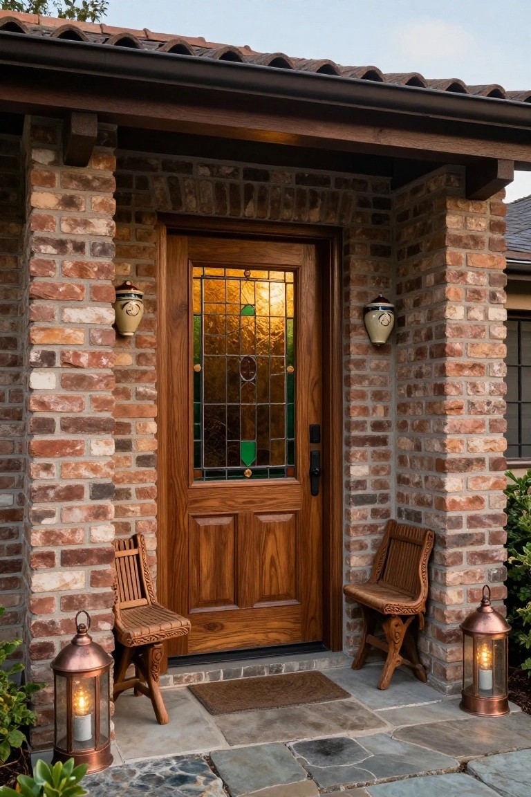 Brick house entryway with a brown wooden front door featuring green and gold stained glass panels, flanked by carved wooden chairs and copper lanterns on a stone porch.