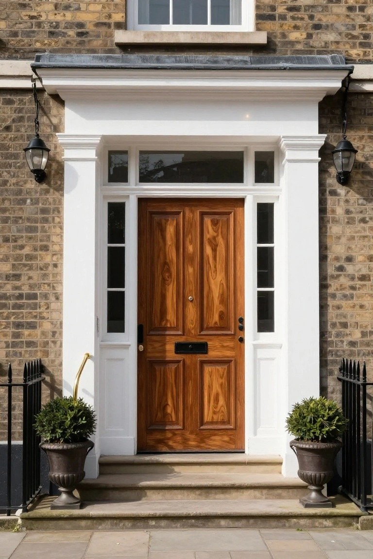 Brown paneled wooden front door with brass hardware and letterbox in a white-columned portico on a yellow brick house, flanked by black lanterns and potted topiary shrubs on black urns beside stone steps.