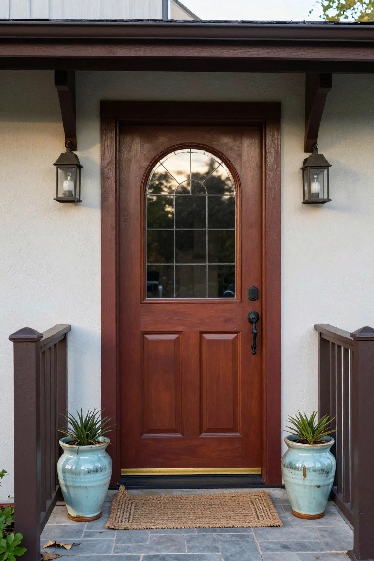Rich brown wooden front door with arched leaded glass window on a beige stucco porch, flanked by black metal lanterns and blue ceramic pots containing spiky agave plants, wood handrails on sides, stone paver landing with woven mat.