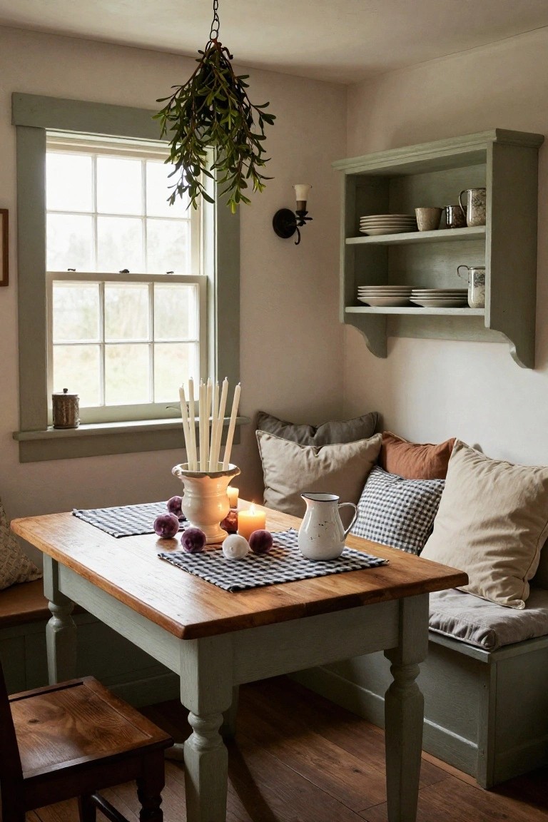 Cozy kitchen corner with a wooden table, candles, fruits, and soft cushions.