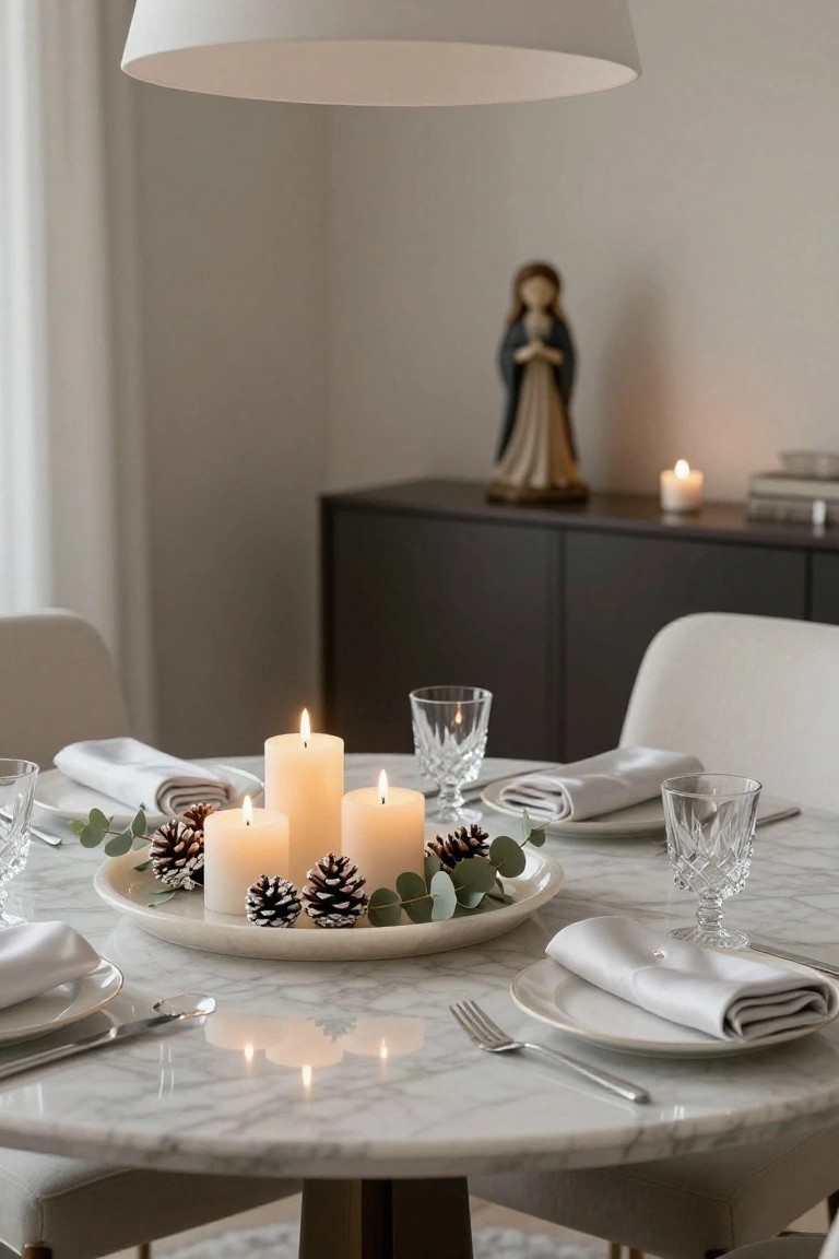 Close-up of a marble dining table with a white plate centerpiece holding several lit white pillar candles surrounded by pinecones and eucalyptus leaves, flanked by place settings with white napkins, crystal glasses, and silverware.