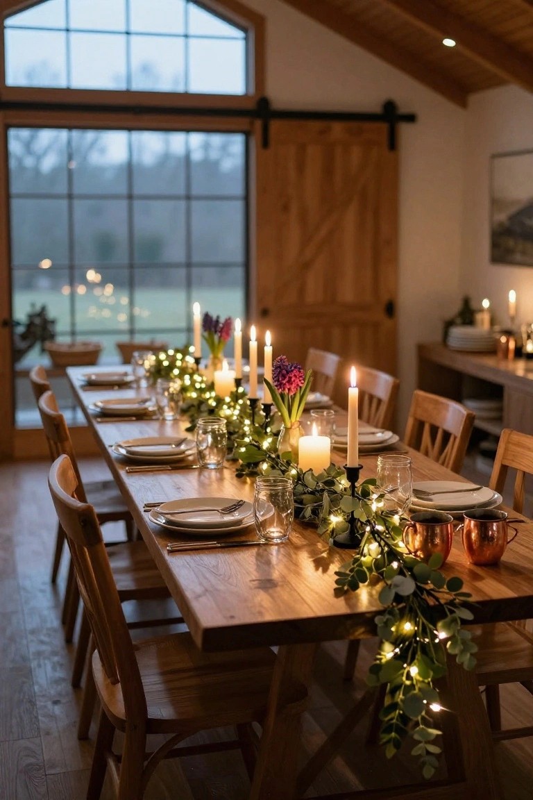 A wooden dining table in a beamed room with large windows, set for a meal with white plates, glasses, copper mugs, and a lengthwise eucalyptus garland strung with fairy lights and multiple taper candles plus hyacinth flowers.